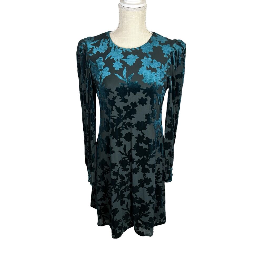 Calvin Klein Long Sleeve Burnout Velvet Fit And Flare Dress Women's 6 Green Goth
